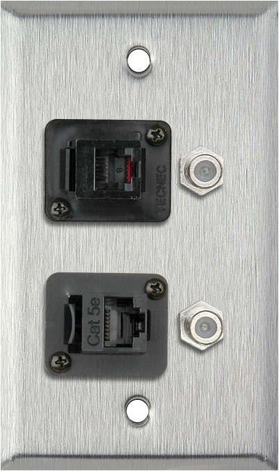 1G Stainless Wall Plate w/1-RJ45/1-RJ11 & 2- FJ-FJCM Barrel Connectors