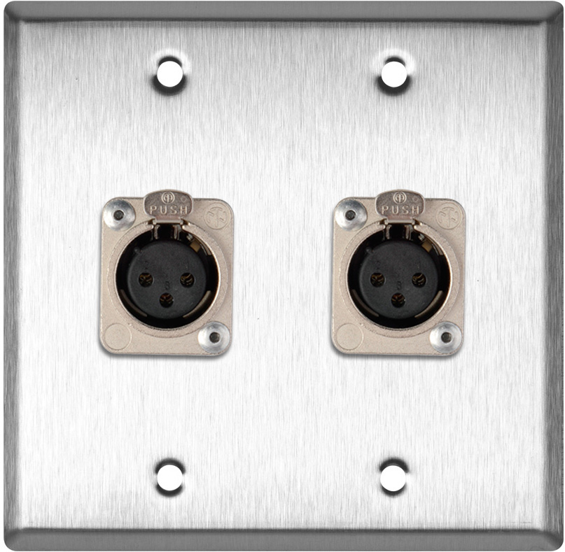 2-Gang Stainless Steel Wall Plate w/2 Neutrik Latching 3-Pin XLR-Fs