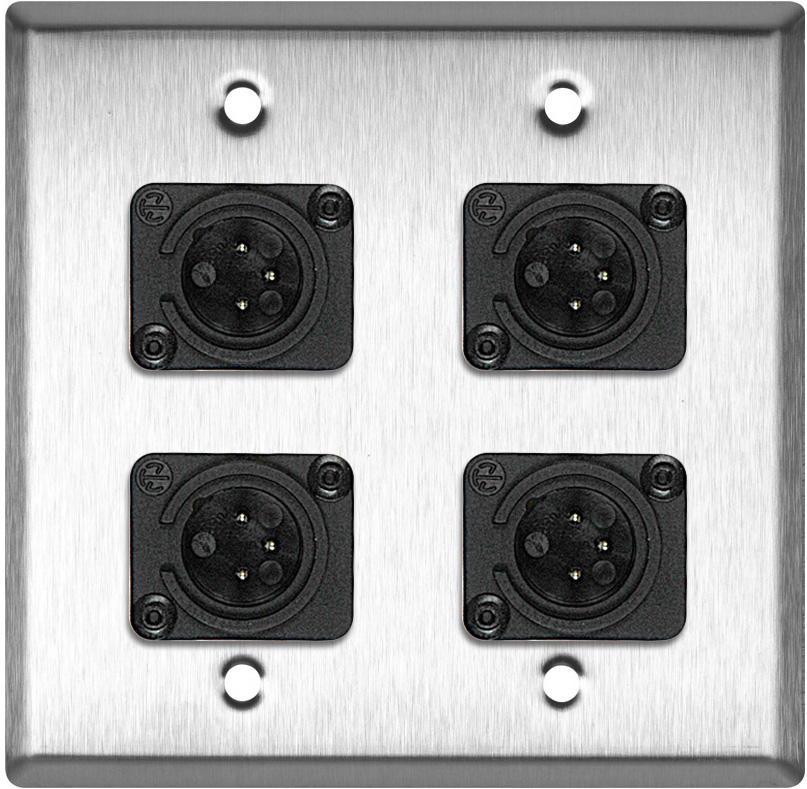 2-Gang Stainless Steel Wall Plate w/4 Neutrik Plastic 3-Pin XLR Males