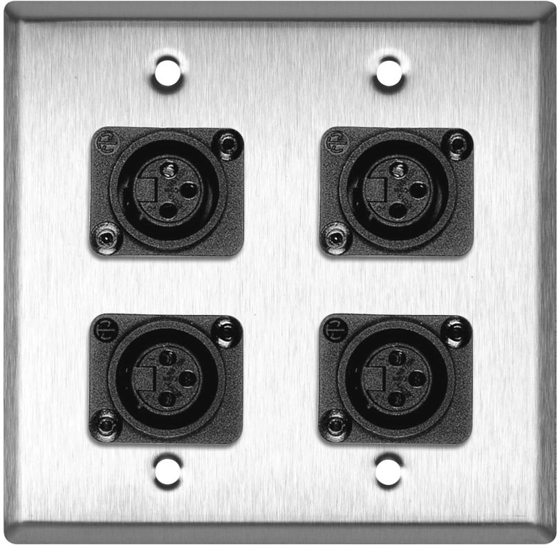 2-Gang Stainless Steel Wall Plate w/4 Plastic Latchless 3-Pin XLR-Fs