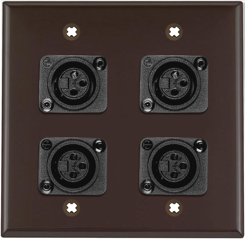 2-Gang Brown Lexan Wall Plate w/4 Plastic Latchless 3-Pin XLR Females