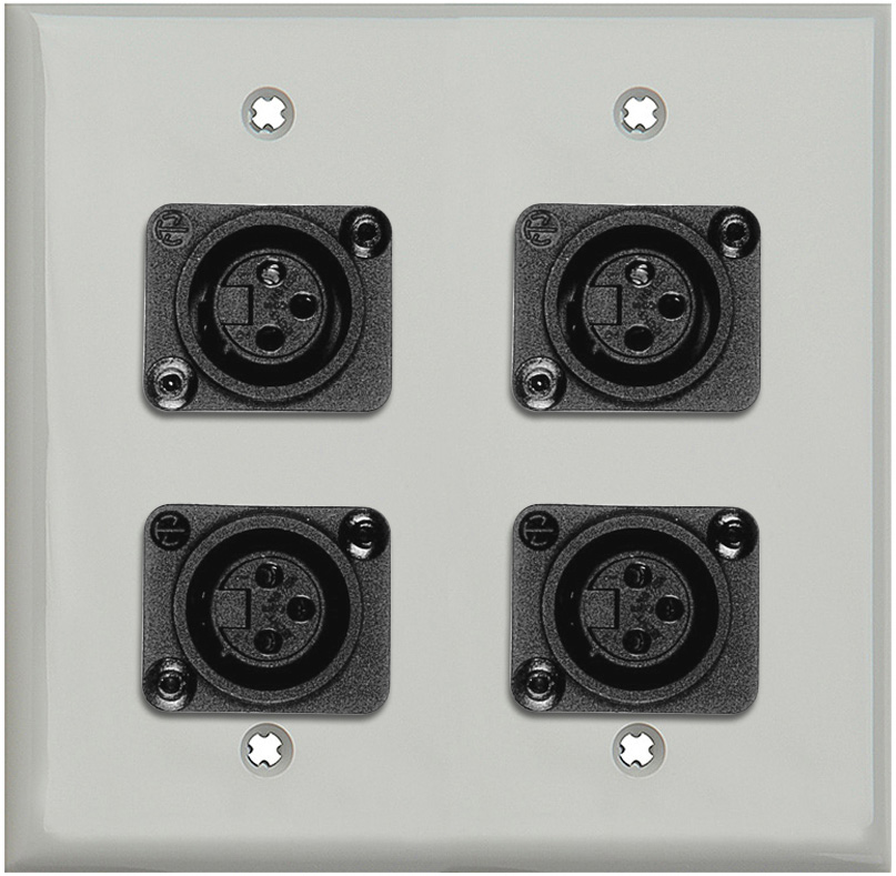 2-Gang Gray Lexan Wall Plate w/4 Plastic Latchless 3-Pin XLR Females