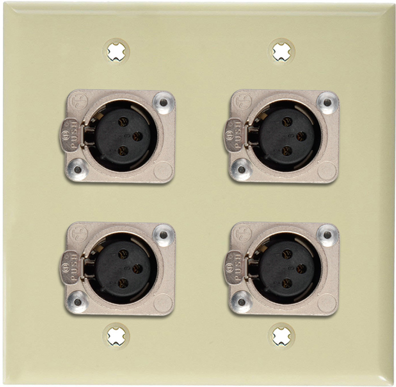 2-Gang Ivory Lexan Wall Plate w/4 Neutrik Latching 3-Pin XLR Females