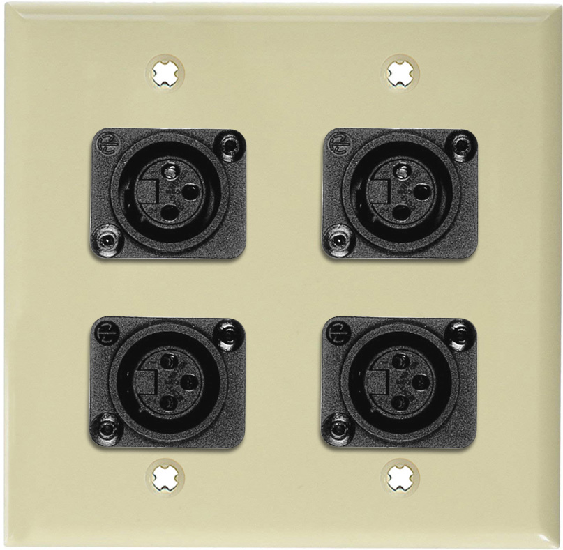 2-Gang Ivory Lexan Wall Plate w/4 Plastic Latchless 3-Pin XLR Females