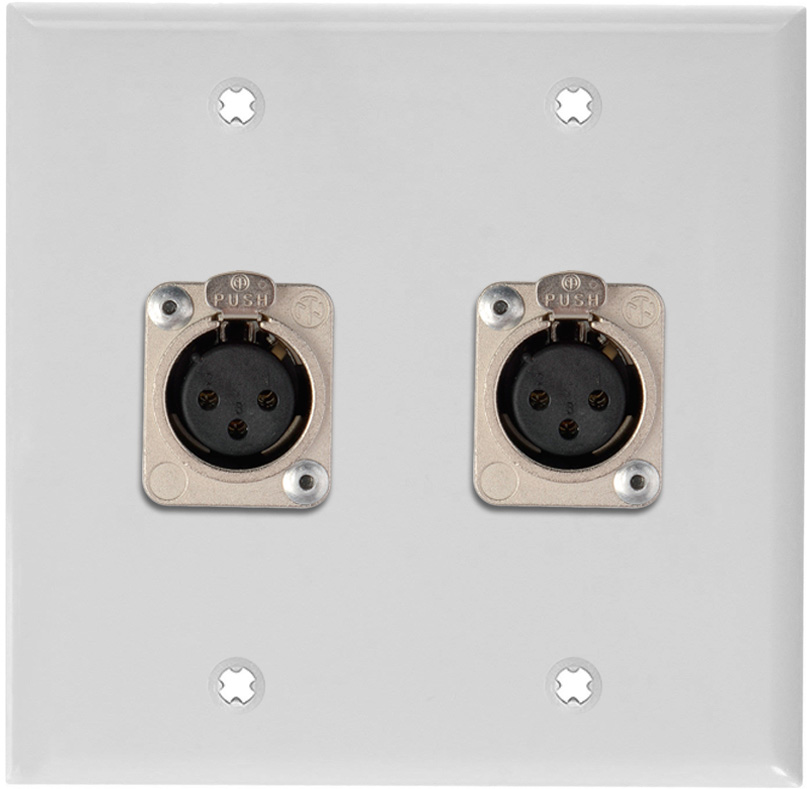 2-Gang White Lexan Wall Plate w/2 Neutrik Latching 3-Pin XLR Females