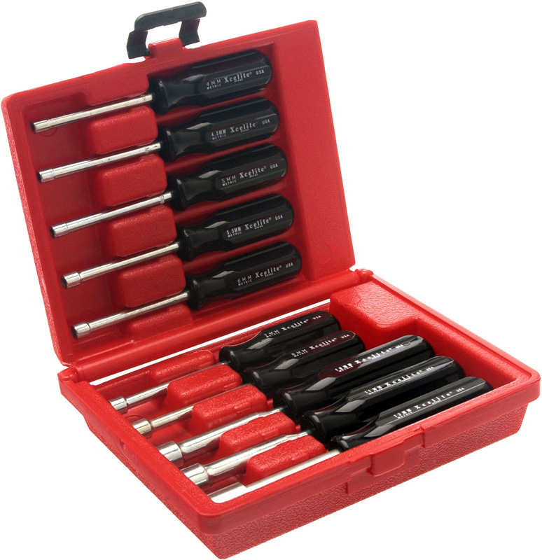 Xcelite 413MM 10 Piece Metric Drilled Shaft Nutdriver Kit in Red Plast