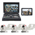 Datavideo 4-Ch HD/SD/HDBaseT Portable Video Streaming Studio Bundle w/Switcher/3 PTZ Cameras/4K Monitor/Mounts- White